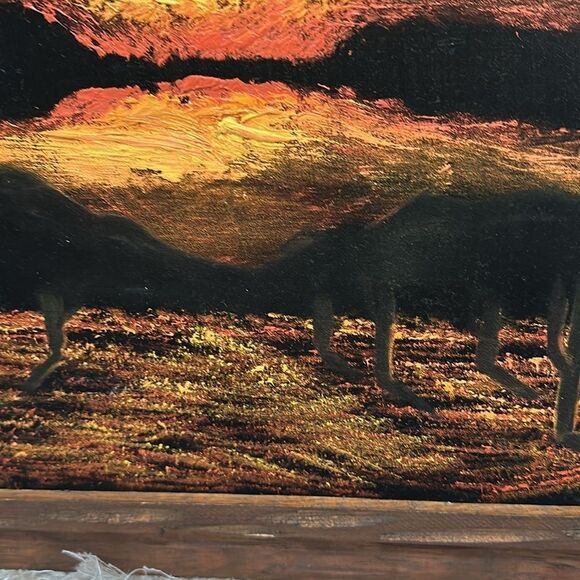 Vintage Desert Sunset Black Velvet Painting Wooden Framed Desert Landscape - Picture 7 of 17